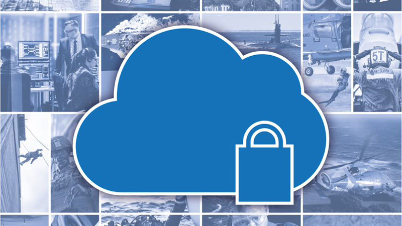 blue and white collage of defense community images with a secure cloud icon in the center