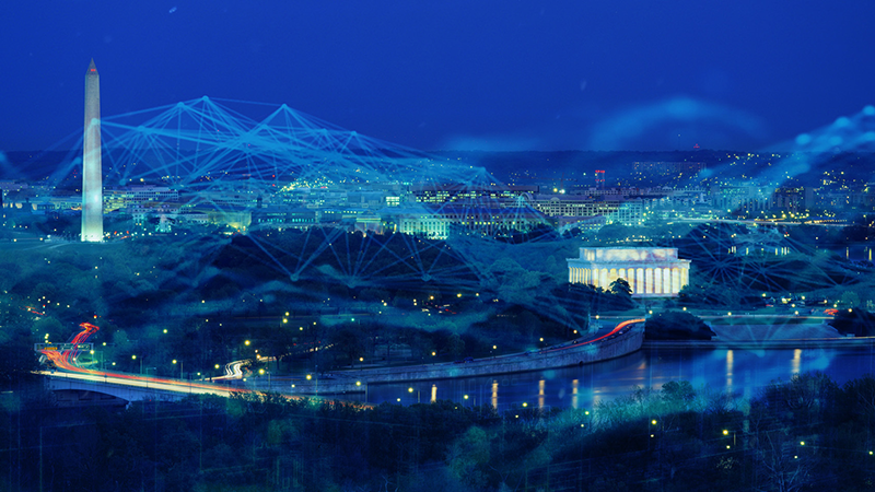 nightscape of DC overlaid with a web of network connections