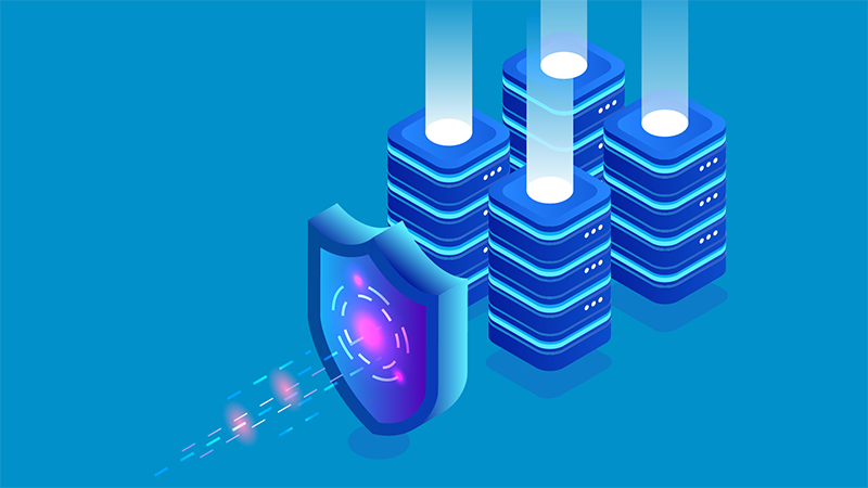 illustration of 4 blue stacks being protected from incoming beams by a shield