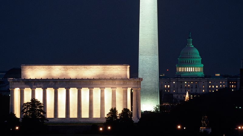 DC Mall from the Lincoln Memorial to the Washington Memorial and Capitol Dome at night